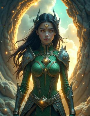 The primary subject of the image is a woman dressed in a green and gold costume, with a crown on her head. She appears to be a fantasy or mythical character. The setting is a cave, with a rocky background and a glowing light illuminating the scene. The visual style is a digital art or illustration, with a detailed and intricate design. The colors and mood of the image are rich and vibrant, with a sense of magic and wonder.